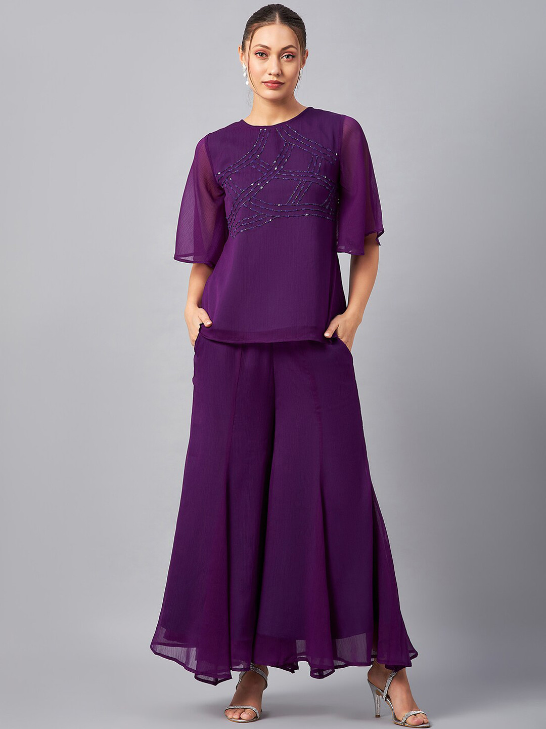 Antheaa Sequin Embroidered Top With Palazzo Co-Ords