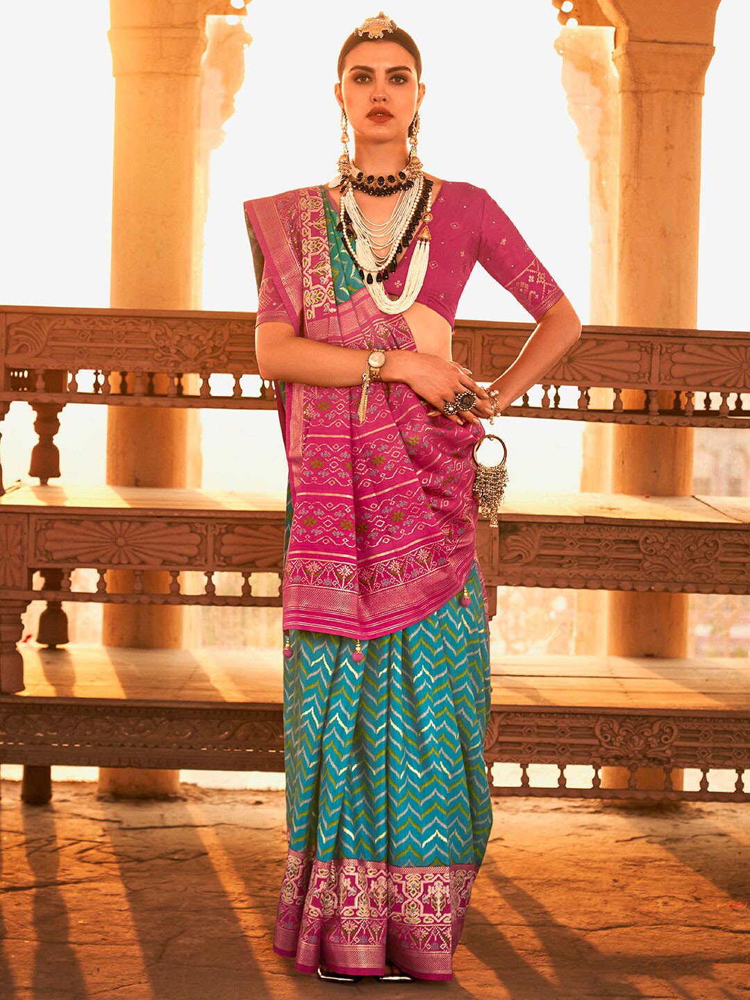 Anouk Blue & Gold-Toned Woven Design Zari Patola Saree