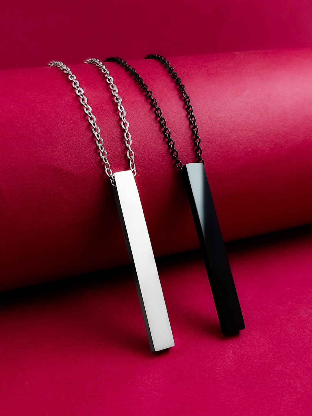 Saizen Set Of 2 Silver Plated Vertical Bar Pendant Chain