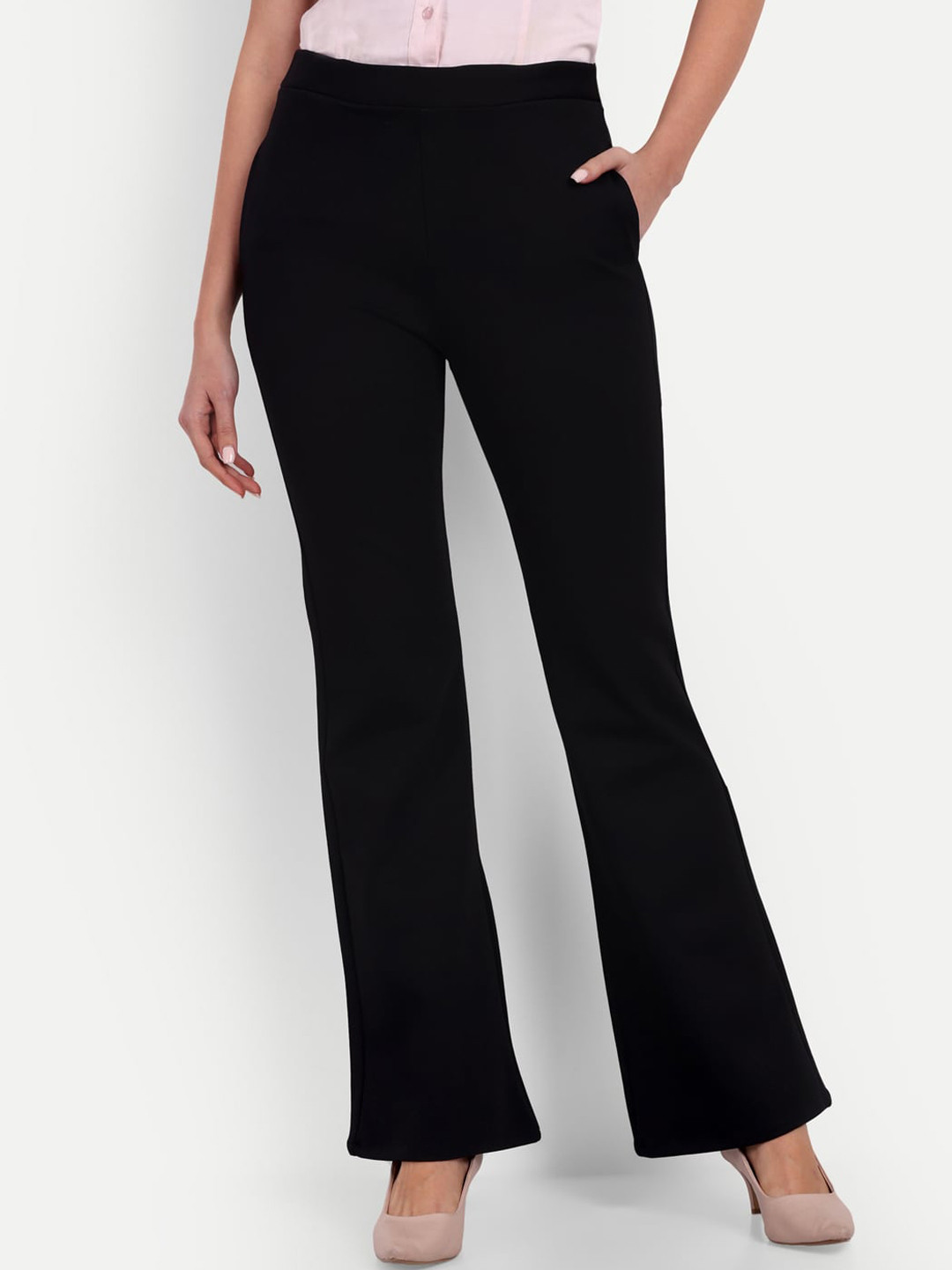 BROADSTAR Women Relaxed Straight Leg Flared High-Rise Easy Wash Bootcut Trousers