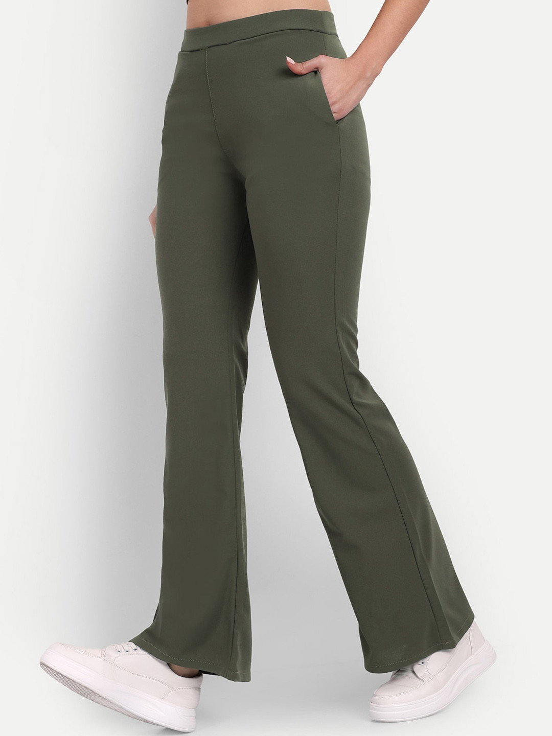 BROADSTAR Women Olive Relaxed Flared High-Rise Non Iron Bootcut Trousers