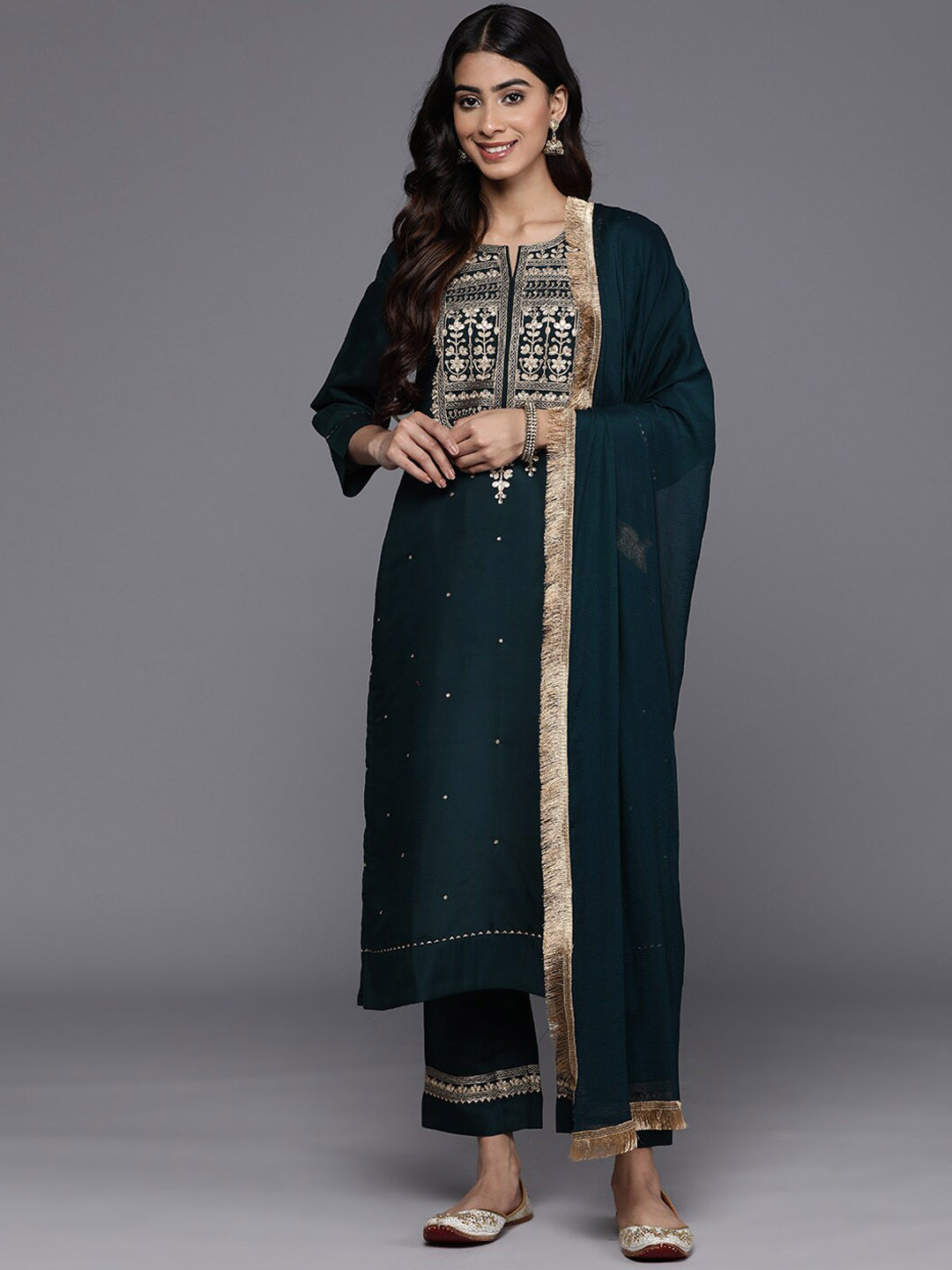 Varanga Green Ethnic Motifs Embroidered Straight Kurta With Trousers & Dupatta