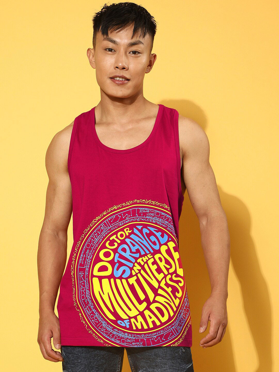 VEIRDO Magenta Doctor Strange And Marvel Printed Cotton T-shirt