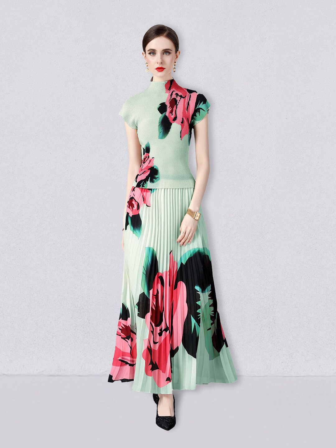 JC Collection Women Floral Print Accordion Pleated Top & Skirt