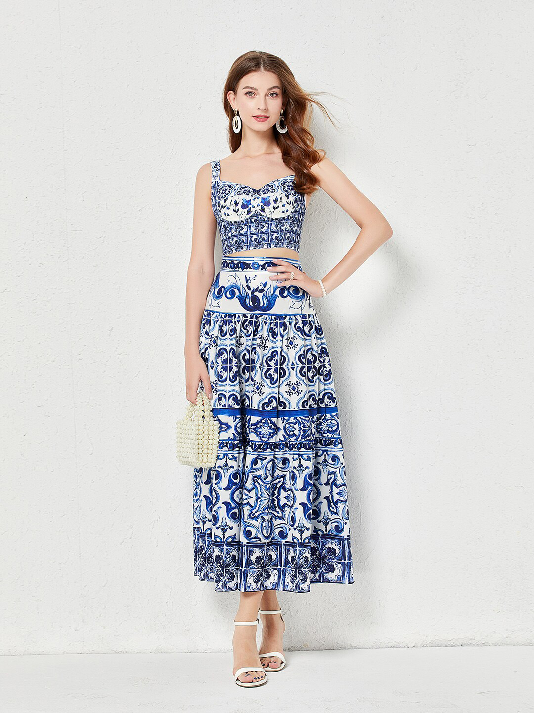 JC Collection Printed Sweet Heart Neck Crop Top With Maxi Skirt