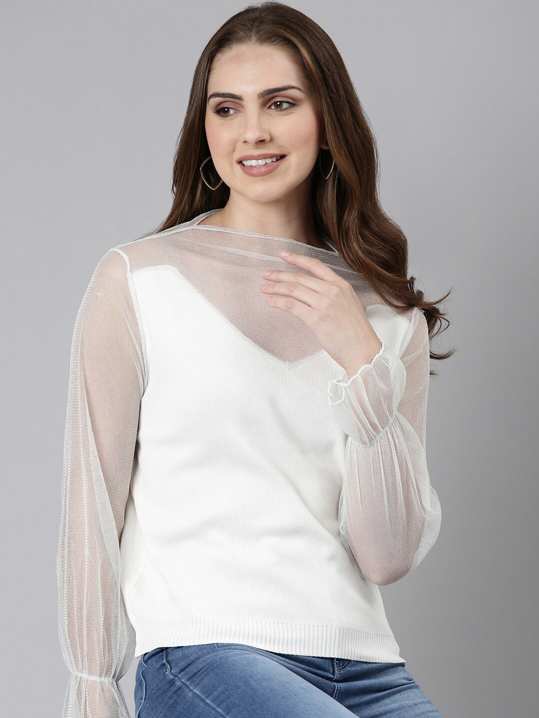 SHOWOFF White Round Neck Net Top
