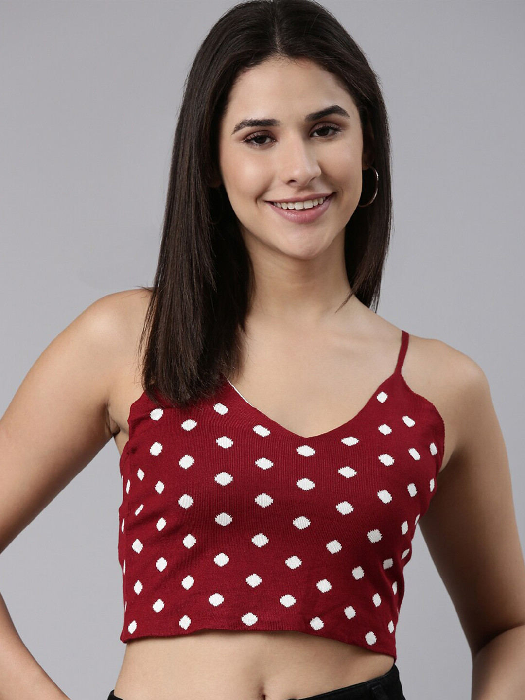 SHOWOFF Maroon V-Neck Geometric Crop Top