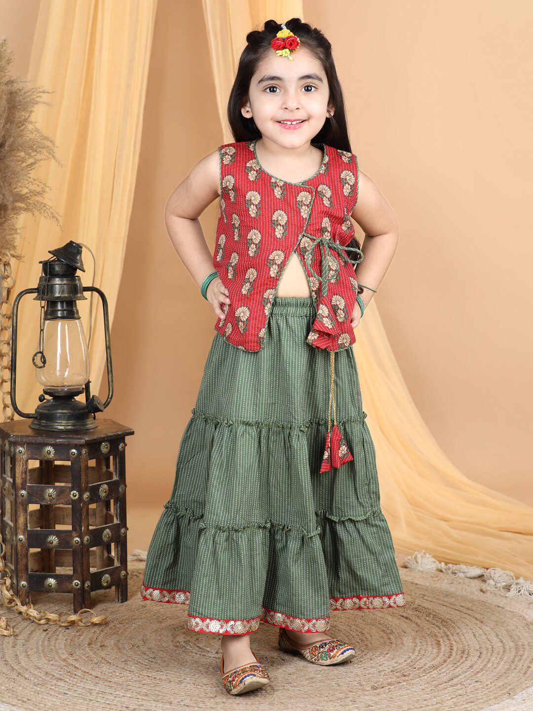 Here&Now X Kinder Kids Girls Red & Green Printed Ready to Wear Lehenga &