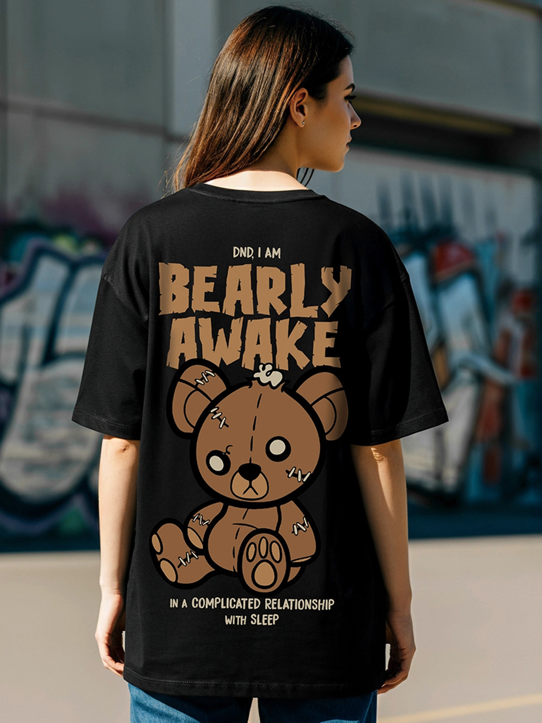 Bewakoof Black Bearly Awake Graphic Printed Round Neck Cotton Oversized T-shirt