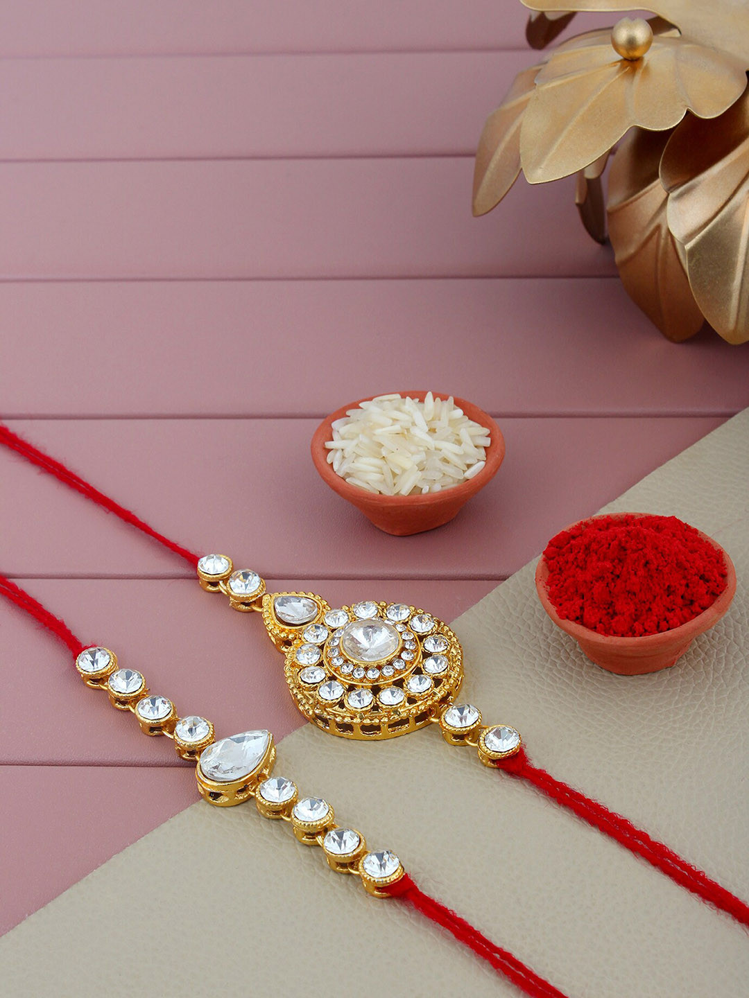 LUCKY JEWELLERY Set Of 2 Stones Studded Rakhi With Roli Chawal & Card