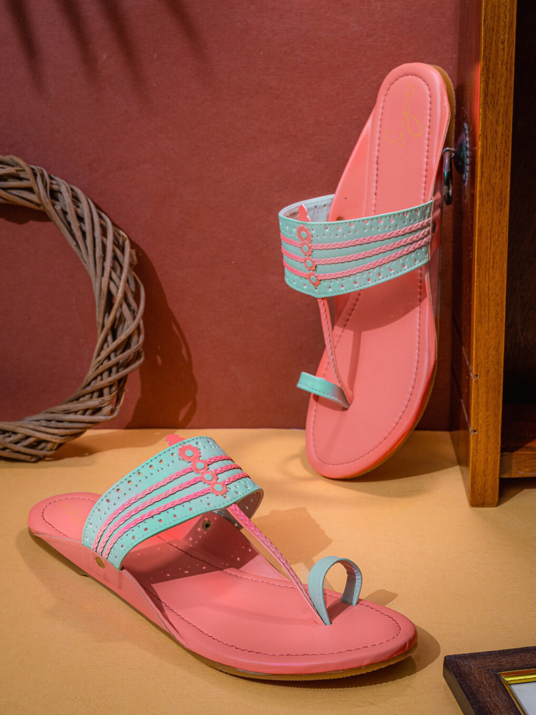 Sangria Coral And Blue Braided One Toe Flats
