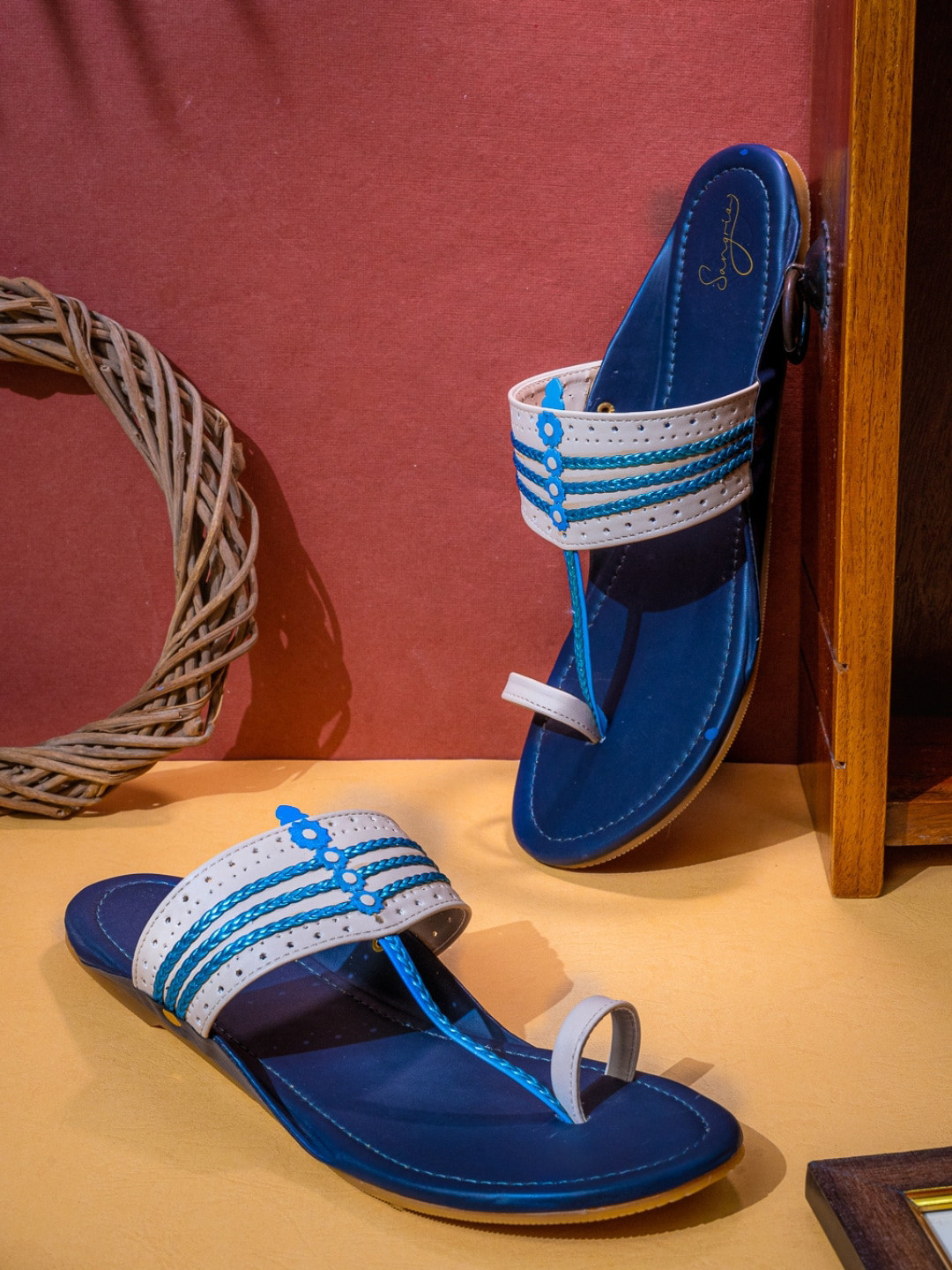 Sangria Navy Blue And Off White Braided One Toe Flats