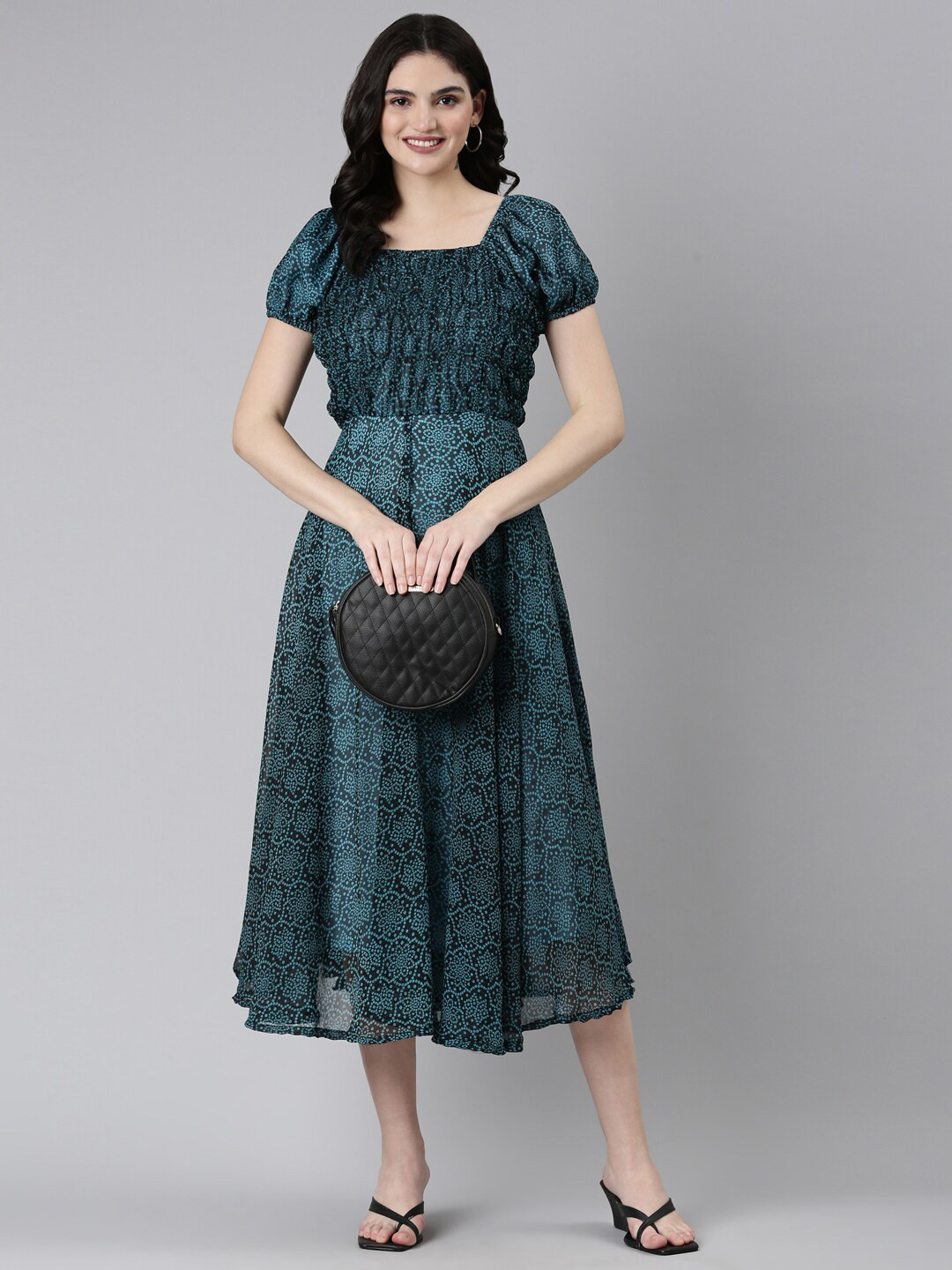 Souchii Blue Print Puff Sleeve Chiffon Fit & Flare Midi Dress