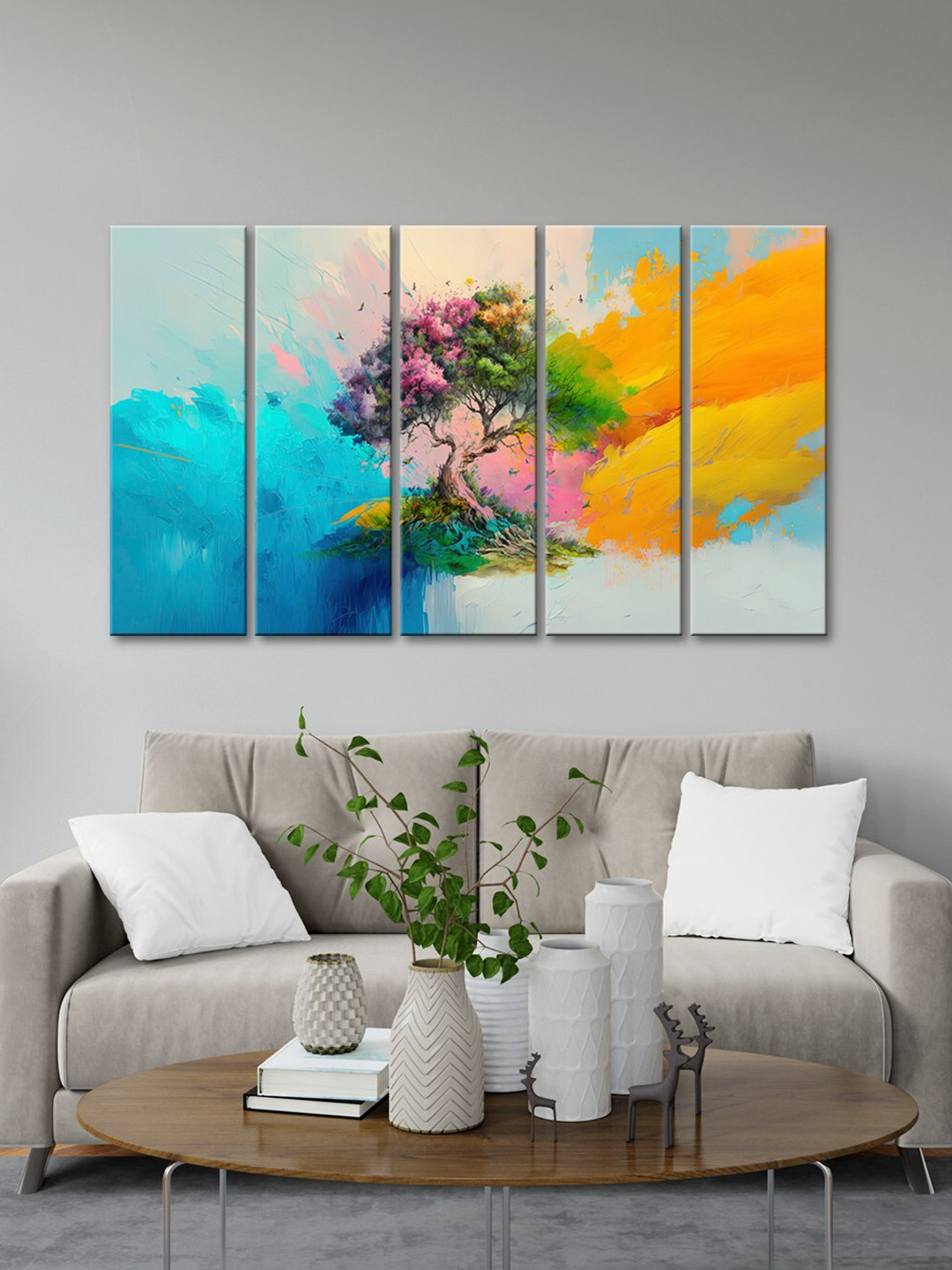 999Store Blue & Yellow 5 Pieces Tree With Flying Bird Wall Art