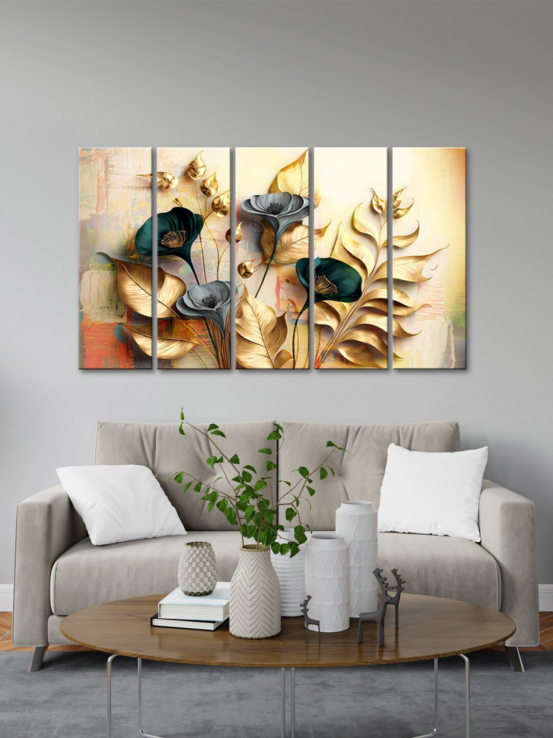 999Store Beige 5 Pieces Floral Printed Multi Frame Painting Art Panels