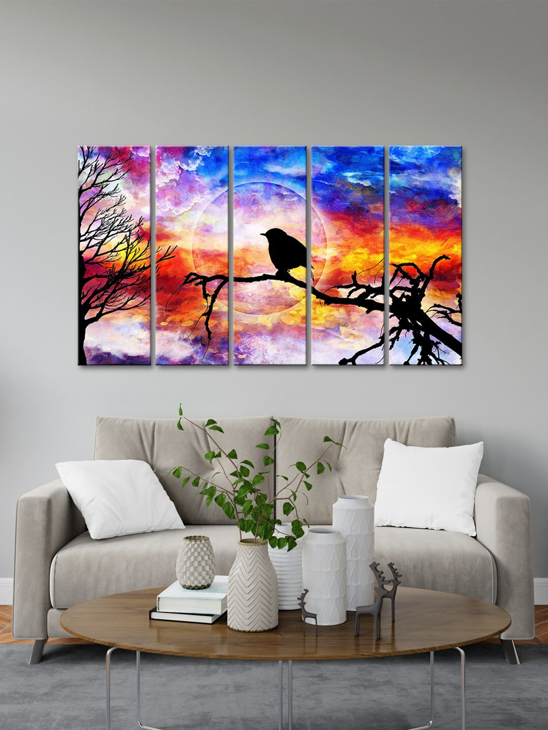 999Store Tree With Sitting Bird And Clouds MDF 5 Piece Wall Paintings Wall Art -8 x 24 In