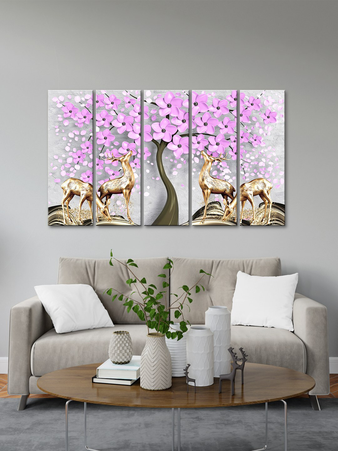 999Store Tree With Pink Flower And Deer MDF 5 Piece Wall Paintings Wall Art -8 x 24 In