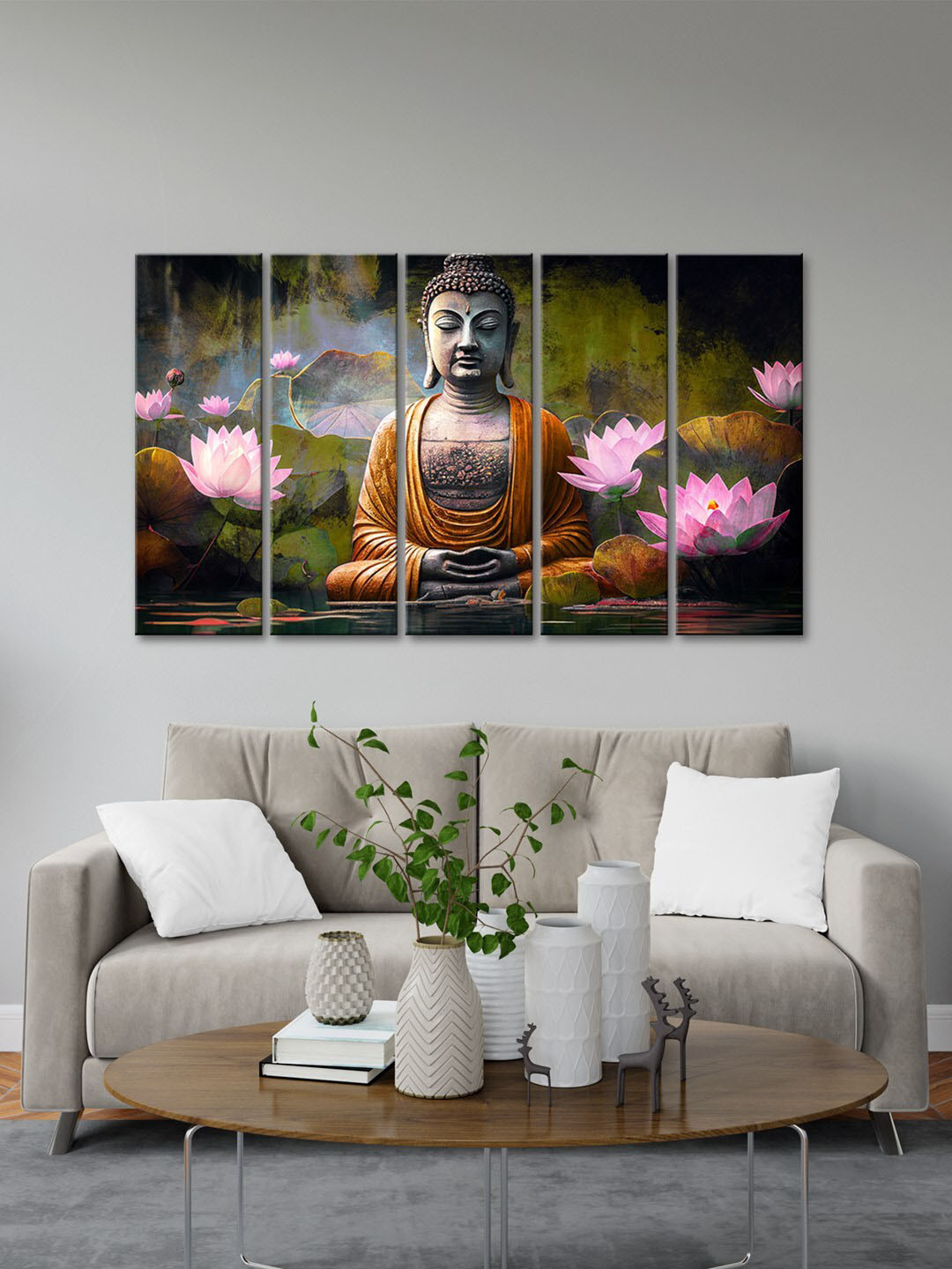 999Store Lord Buddha With Lotus MDF 5 Piece Wall Rectangle Paintings Wall Art -8 x 24 In