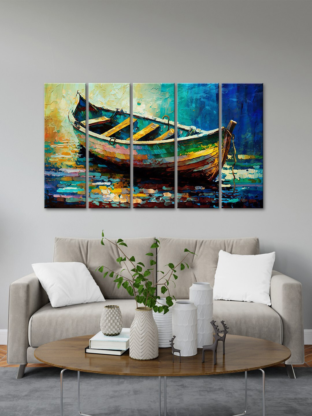 999Store Boat With Abstract MDF 5 Piece Wall Rectangle Paintings Wall Art - 8 x 24 In