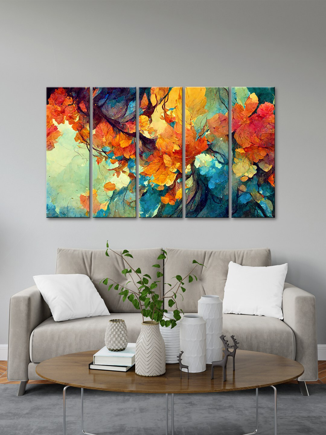 999Store Orange & Blue 5 Pieces Tree Art With Orange Leaves Wall Art