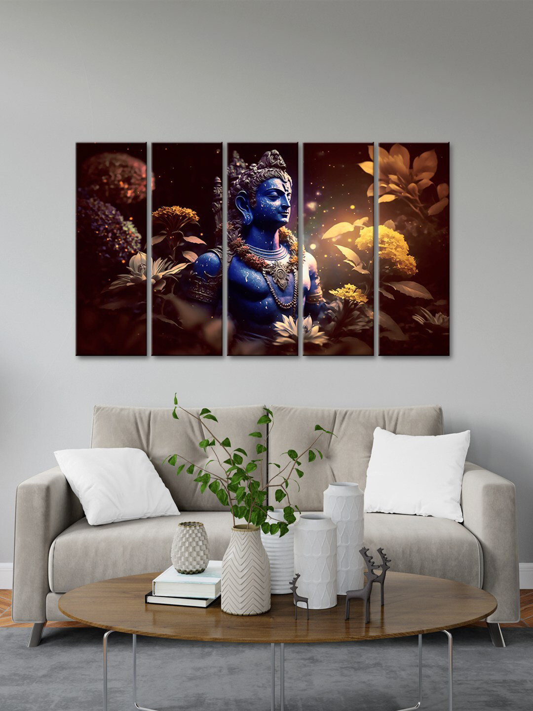 999Store Brown 5 Pcs Lord Shiva With Golden Flower And Leaf Modern Art Wall Painting