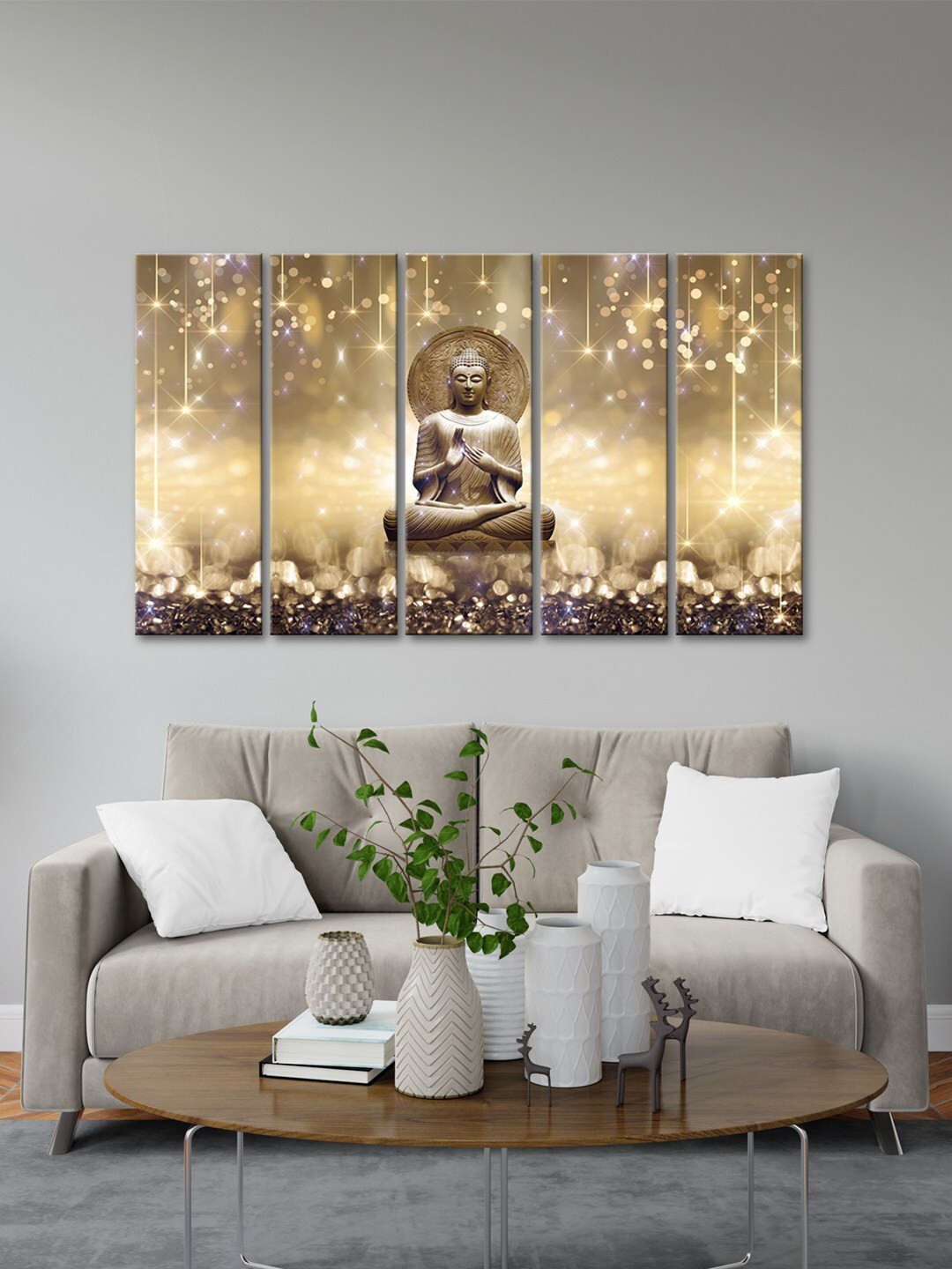 999Store Brown 5 Pieces Blessing Lord Buddha Frame Wall Painting Art Panels