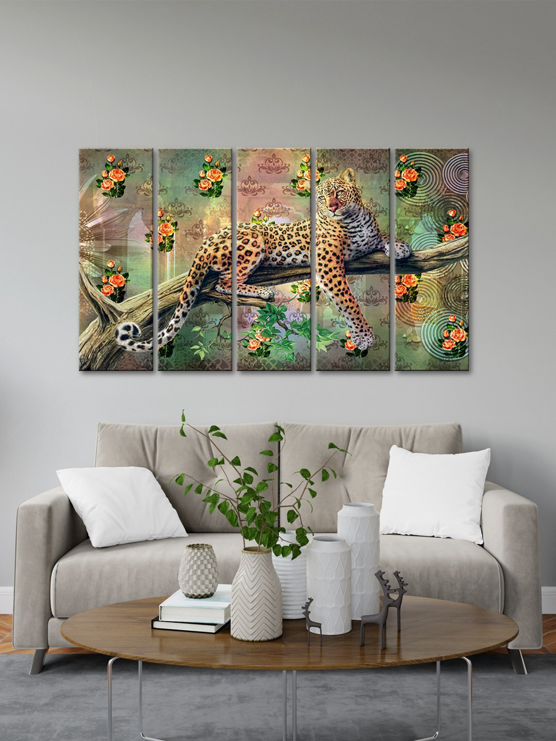 999Store Brown & Black 5 Pcs Cheetah On Tree Art Modern Art Panels Wall Painting