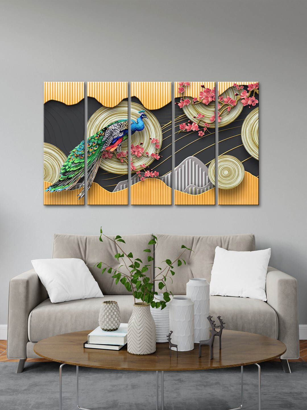 999Store Peacock With Pink Flower MDF 5 Piece Wall Rectangle Paintings Wall Art -8 x 24 In