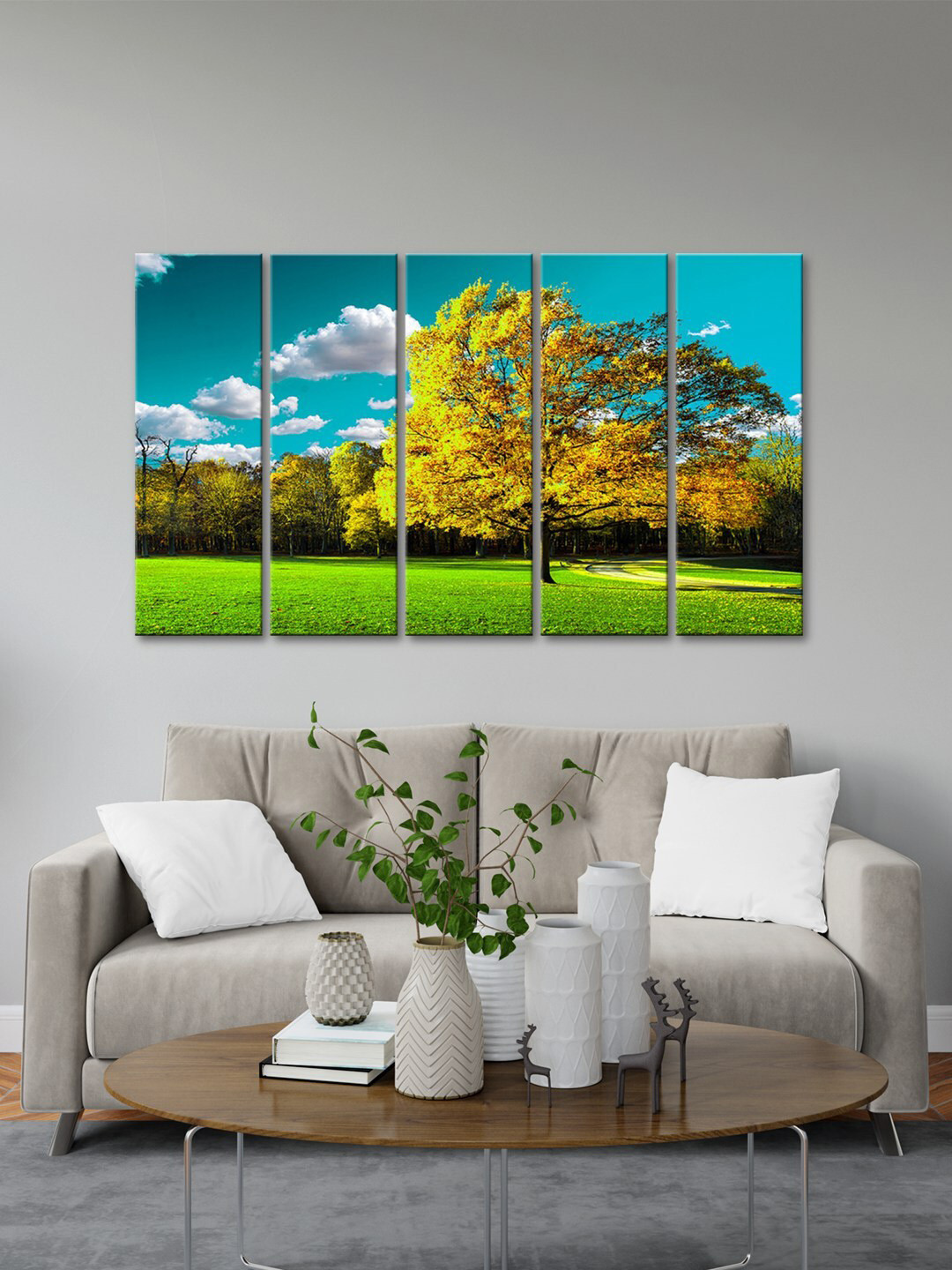 999Store Yellow & Blue 5 Pieces Tree With Clouds Modern Art Wall Art