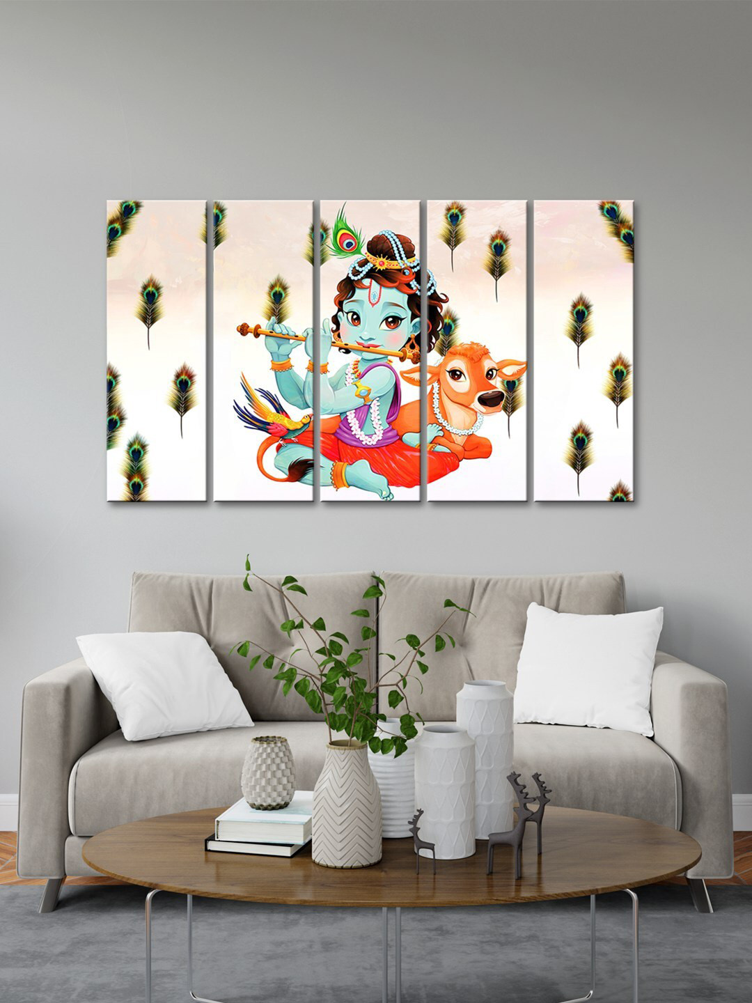 999Store Lord Little Krishna Playing MDF 6 Piece Rectangle Paintings Wall Art - 8 x 24 In