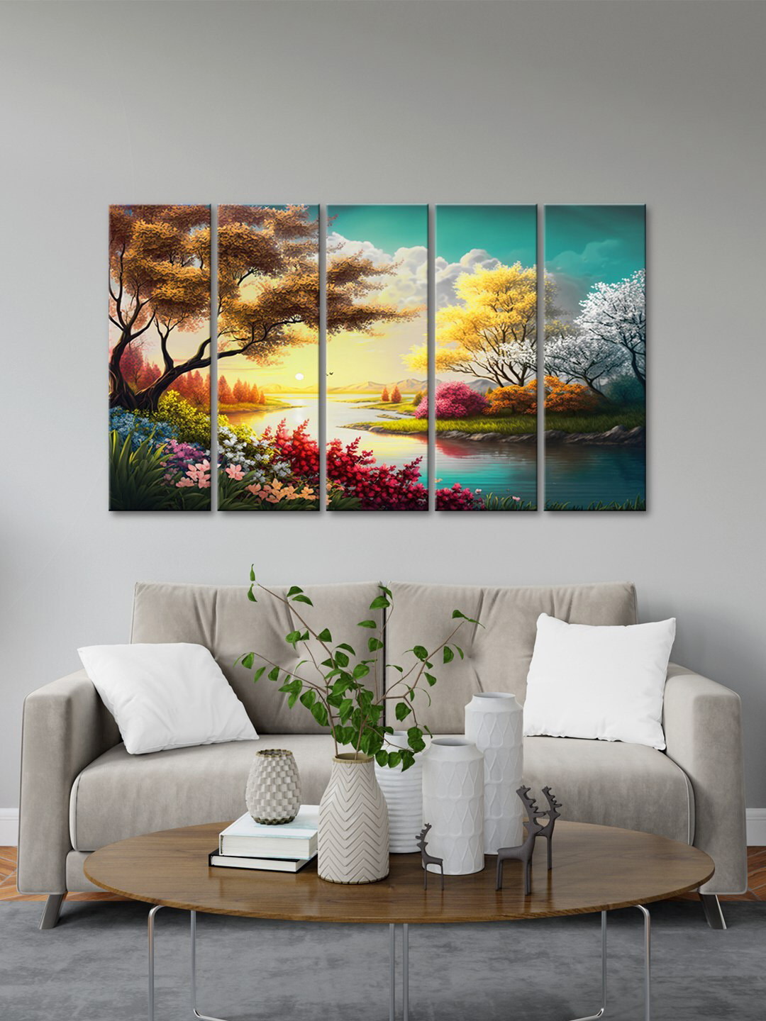 999Store River & Jungle With Sunset MDF 5 Piece Rectangle Paintings Wall Art - 8 x 24 In