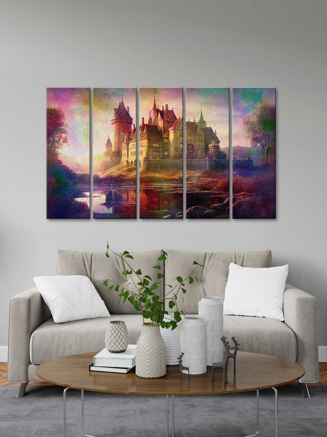 999Store Mahal With River & Flying Birds MDF 5 Piece Wall Paintings Wall Art - 8 x 24 In