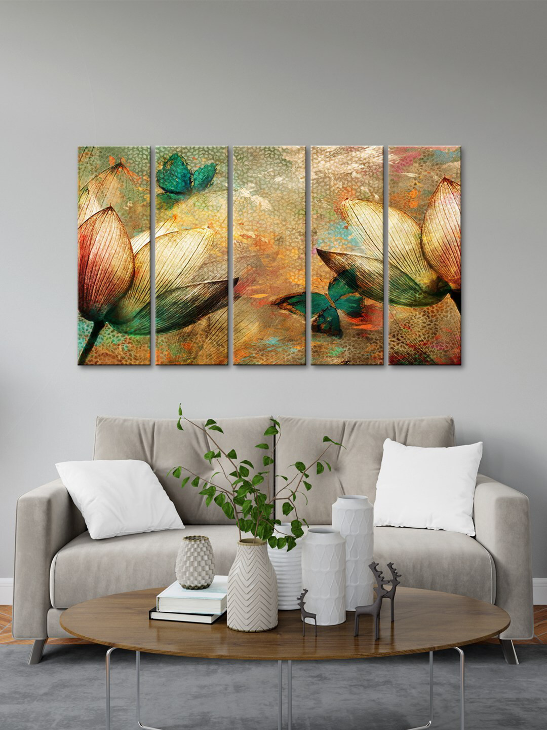 999Store Cream & Pink Flower Printed 5 Pieces Frame Art Panels Wall Painting