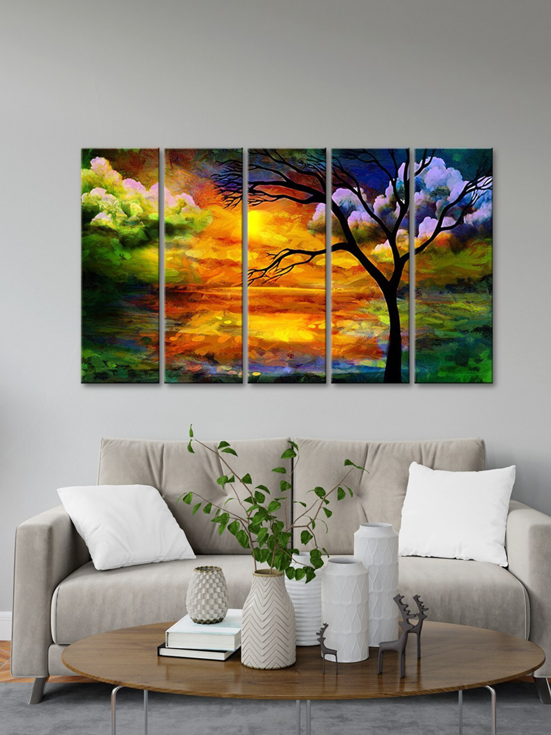 999Store Green & Orange 5 Pieces Tree Art Modern Art Panels Wall Painting