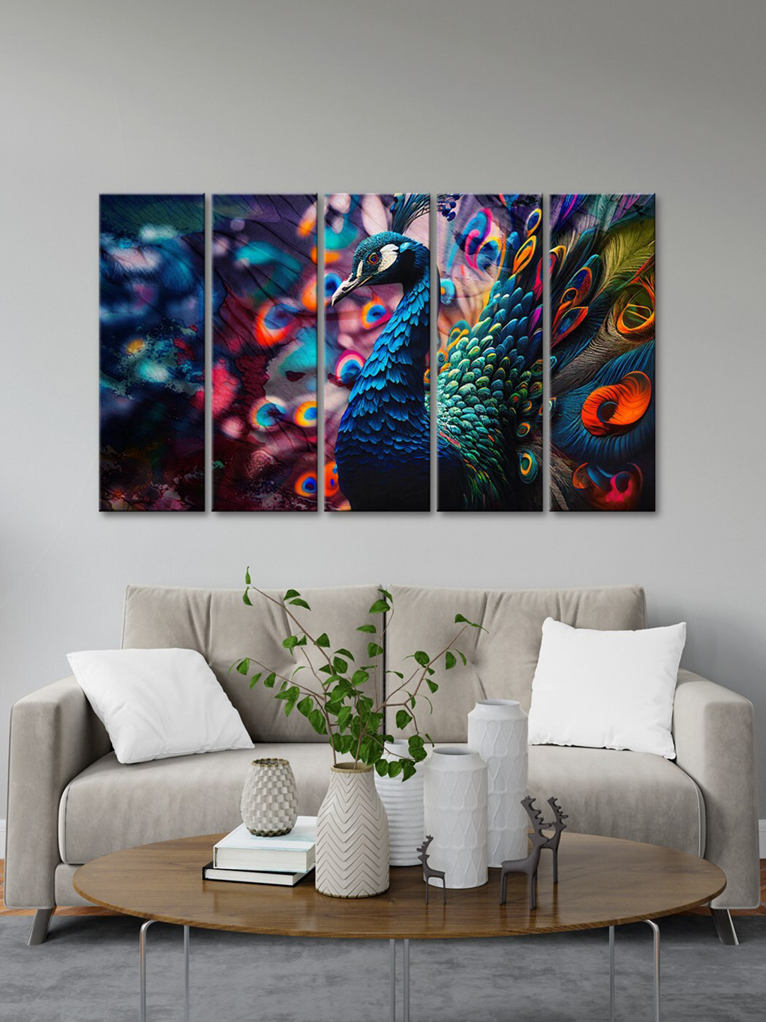 999Store Colorful Peacock MDF 5 Piece Wall Rectangle Paintings Wall Art - 8 x 24 In