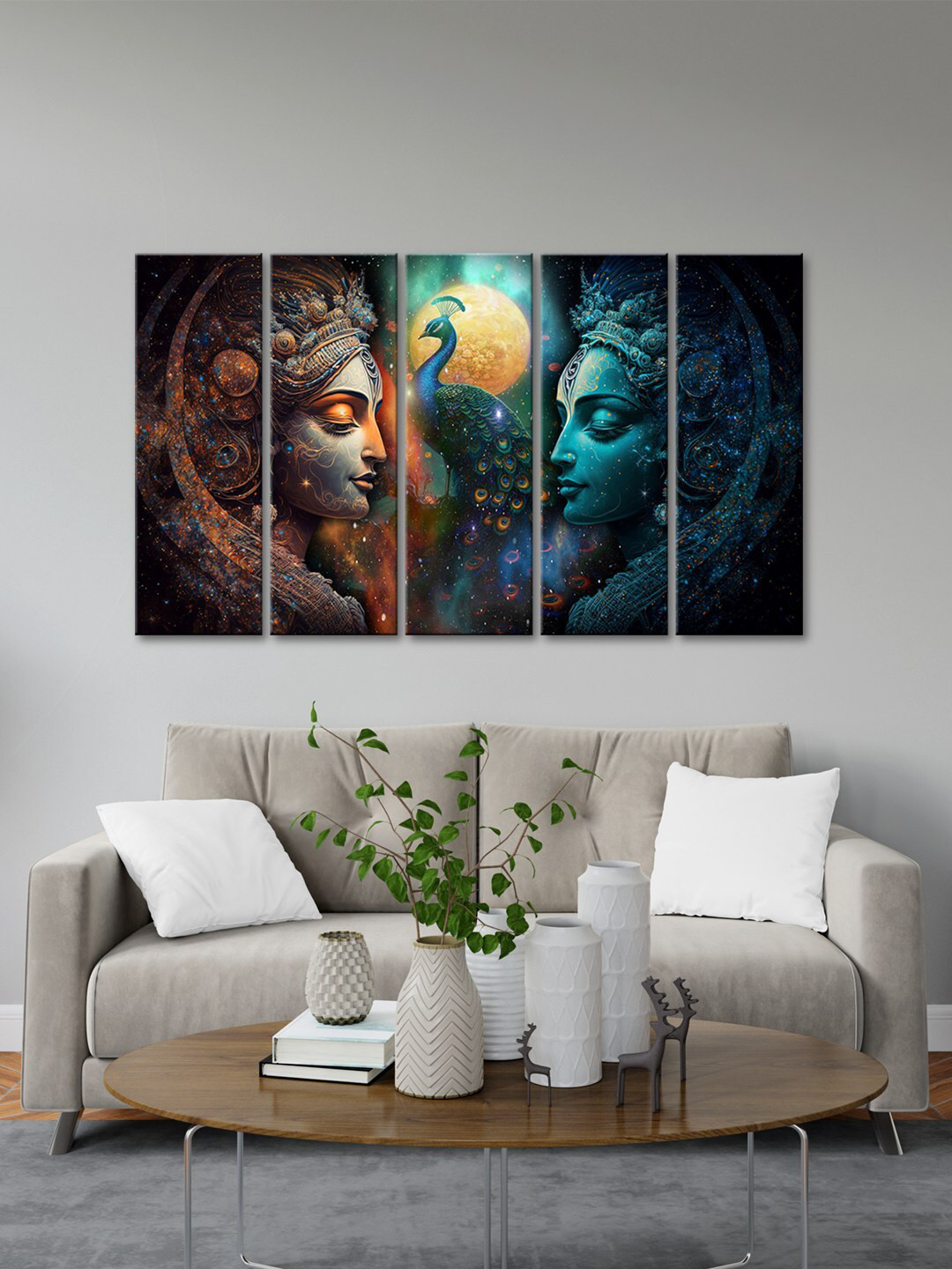 999Store Blue 5 Pieces Radha With Peacock Modern Painting Art Panels
