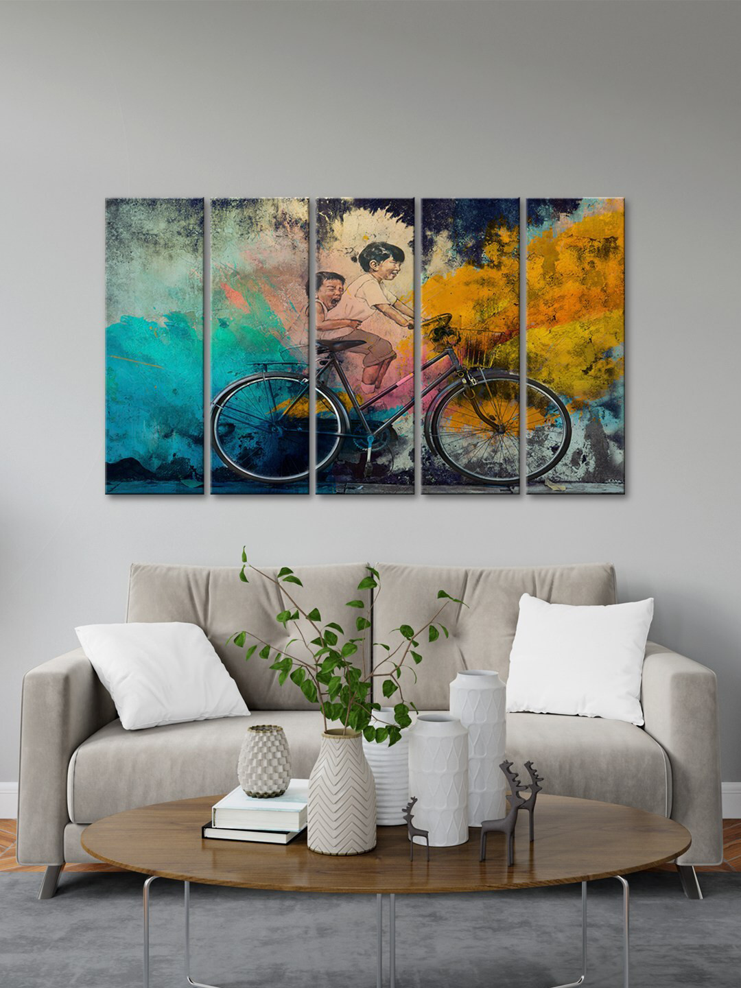 999Store Blue MDF 5 Pcs Wall Living Room Rectangle Potrait Paintings Wall Art -1.10 x 23In