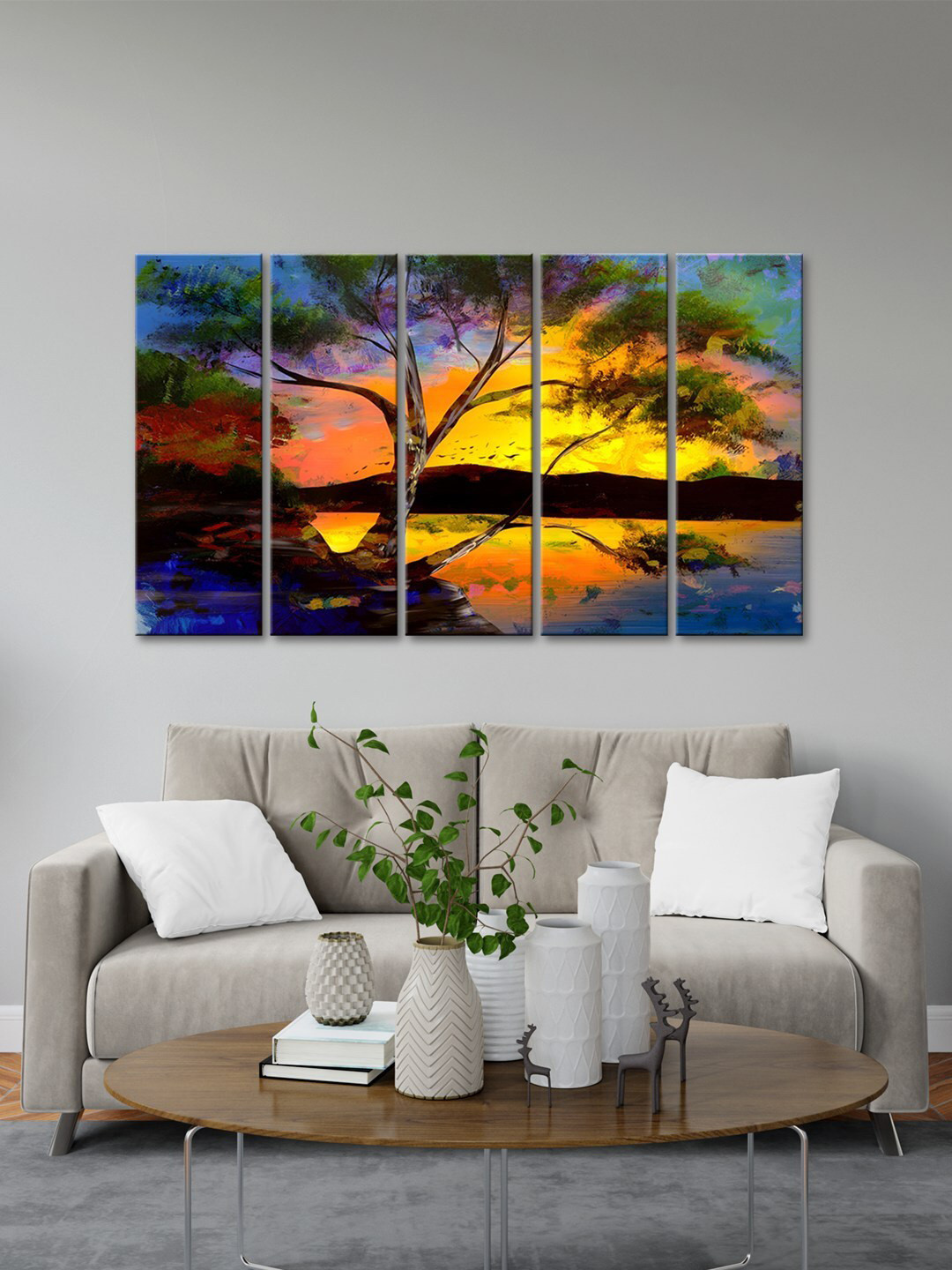 999Store 5 Pieces Yellow & Blue Graphic Printed Multi Frame Painting Art Panels