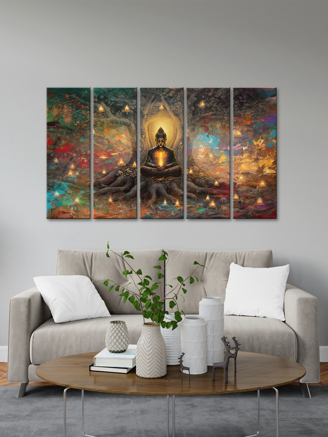 999Store Brown 5 Pieces Lord Buddha Sitting Tree With Deep Modern Painting Art Panels