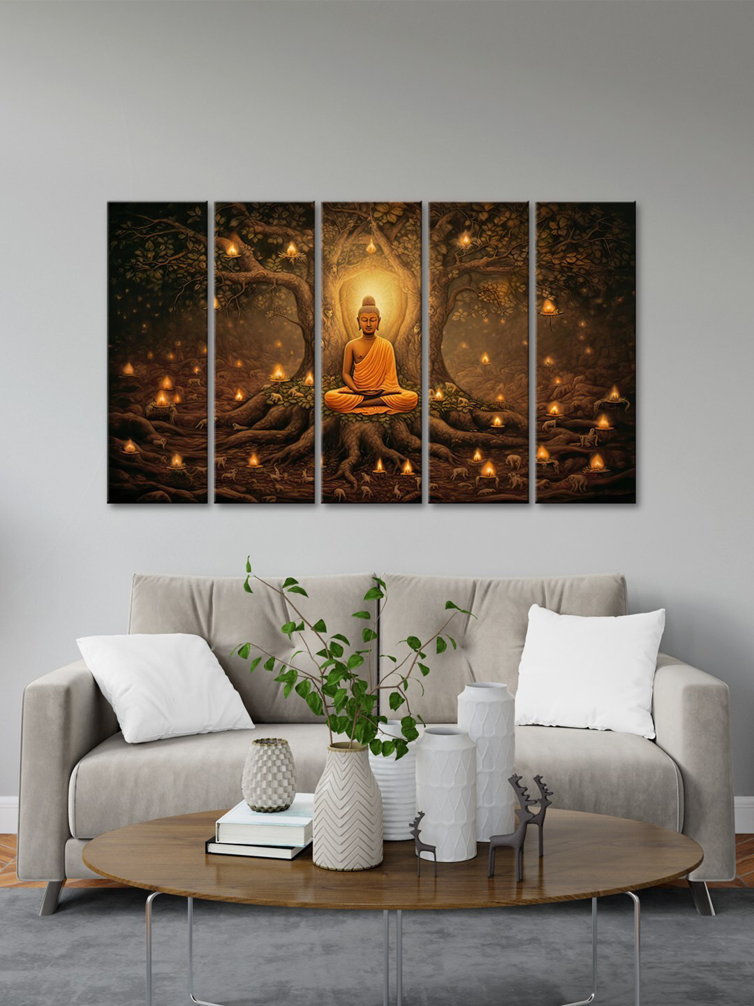 999Store Blessing Lord Buddha Sitting With Tree MDF 5 Piece Paintings Wall Art - 8 x 24 In