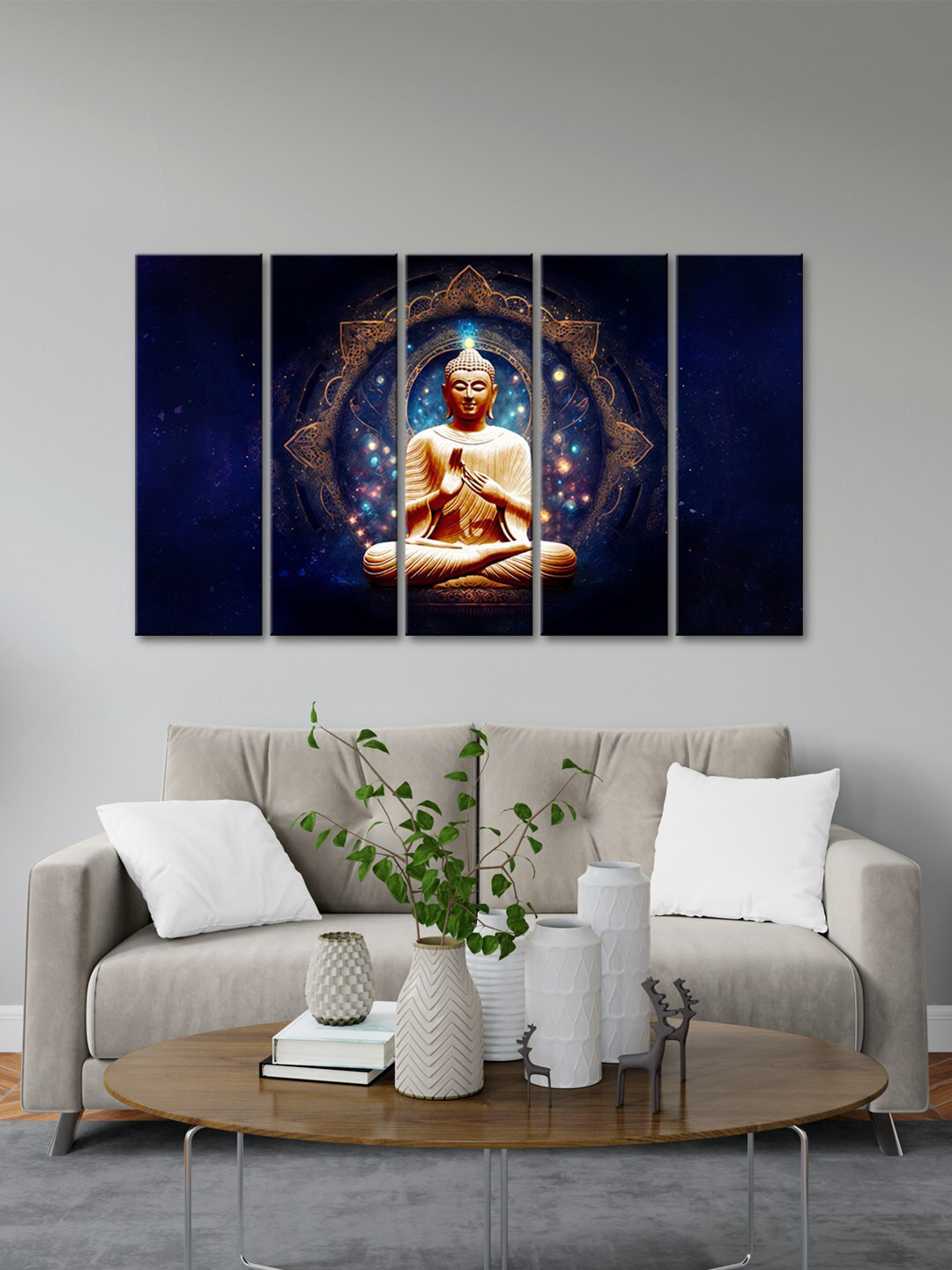 999Store Navy Blue 5 Pieces Blessing Lord Buddha Sitting Modern Painting Wall Art