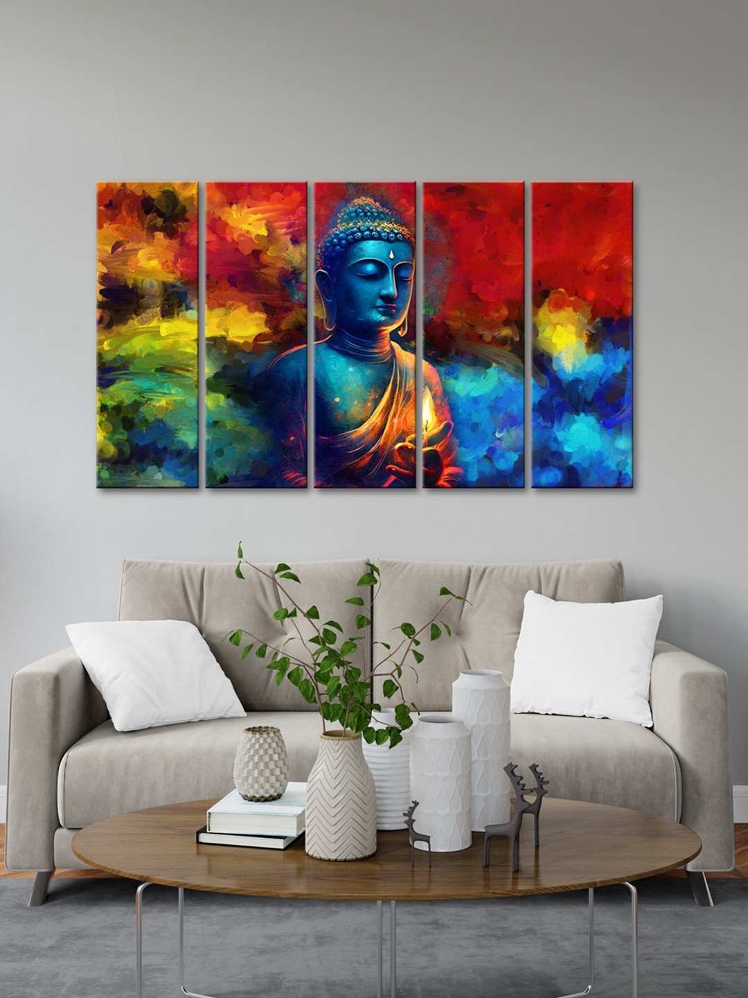 999Store Blue 5 Pcs Lord Buddha With Abstract Effect Modern Art Wall Painting Art Panels