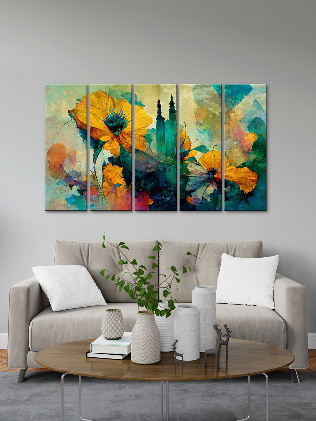 999Store Green 5 Pieces Orange Flower With Abstract Effect MDF Wall Painting Set