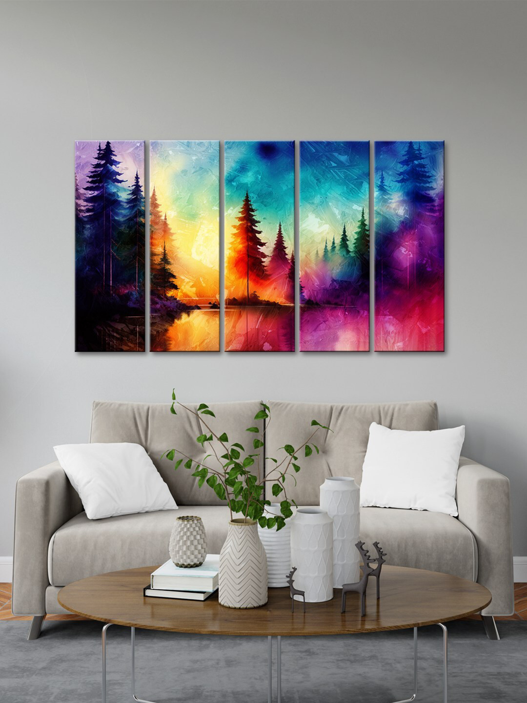 999Store Colorful Tree MDF 5 Piece Wall Rectangle Paintings Wall Art -8 x 24 In