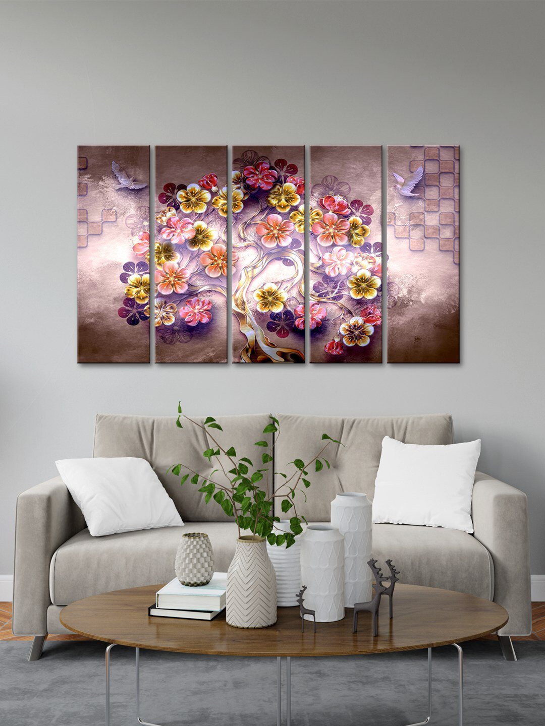 999Store Pink 5 Pieces Flowers Tree With Flying Birds Modern Wall Painting Art Panels