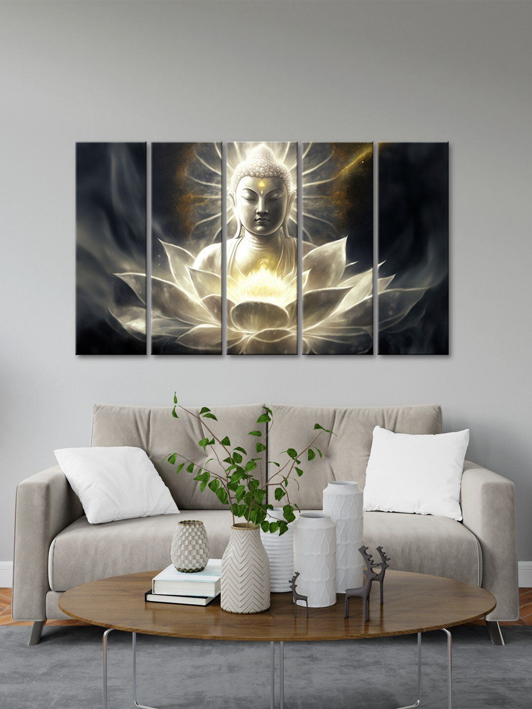 999Store Grey 5 Pcs Blessing Lord Buddha Face With White Lotus Modern Painting Art Panels