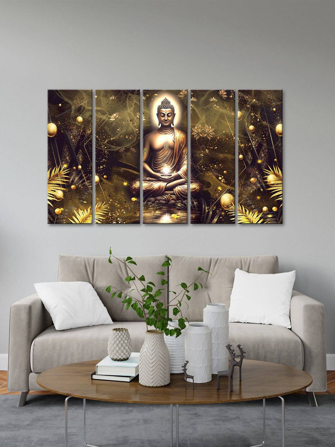 999Store Brown & Yellow 5 Pieces Lord Buddha Modern Art Panels Wall Painting