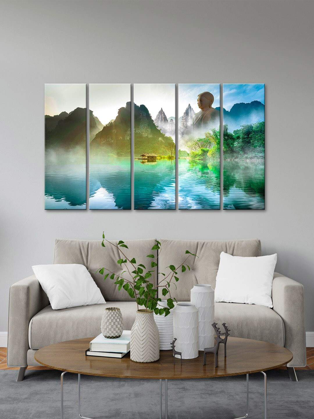 999Store Green 5 Pieces Lake And Mountain With Lord Buddha MDF Wall Painting Set