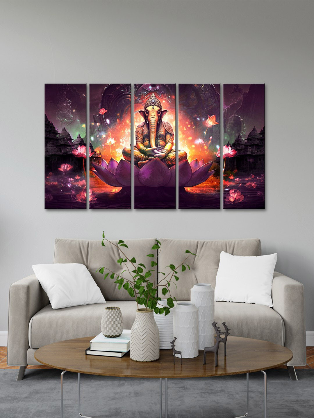 999Store Purple 5 Pieces Lord Ganesha Sitting On Lotus Flower Modern Painting Art Panels
