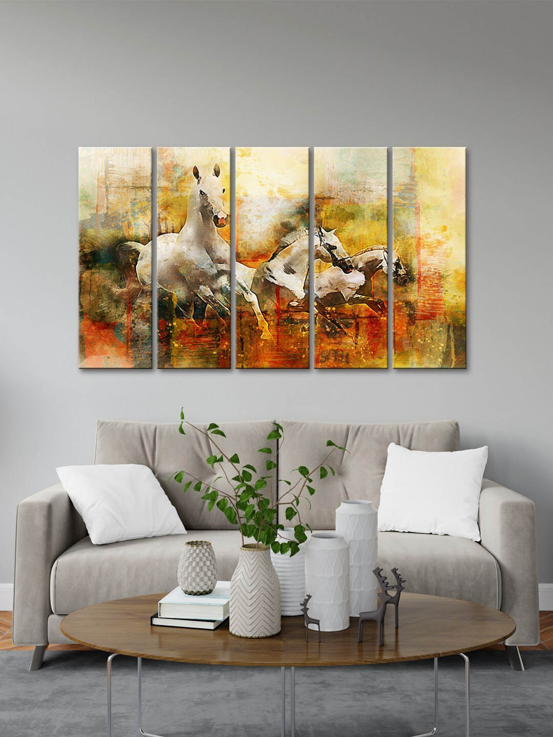 999Store Cream 5 Pieces Paneled Horse With Abstract Art Wall Painting